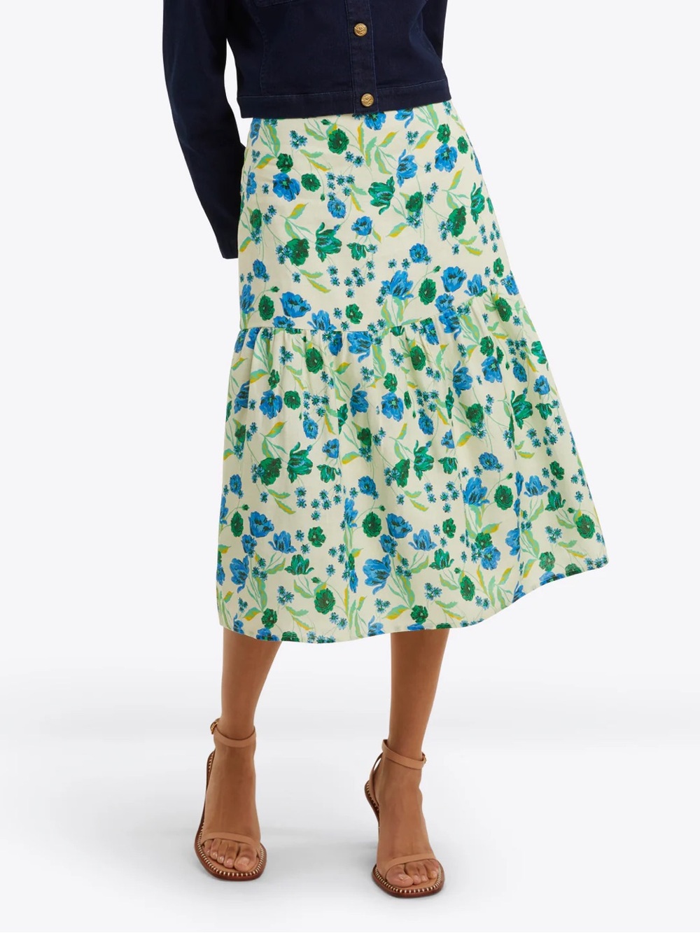 DRAPER JAMES Floral Linen Midi Skirt in Green and Blue NEW NWT Women’s 2 $118